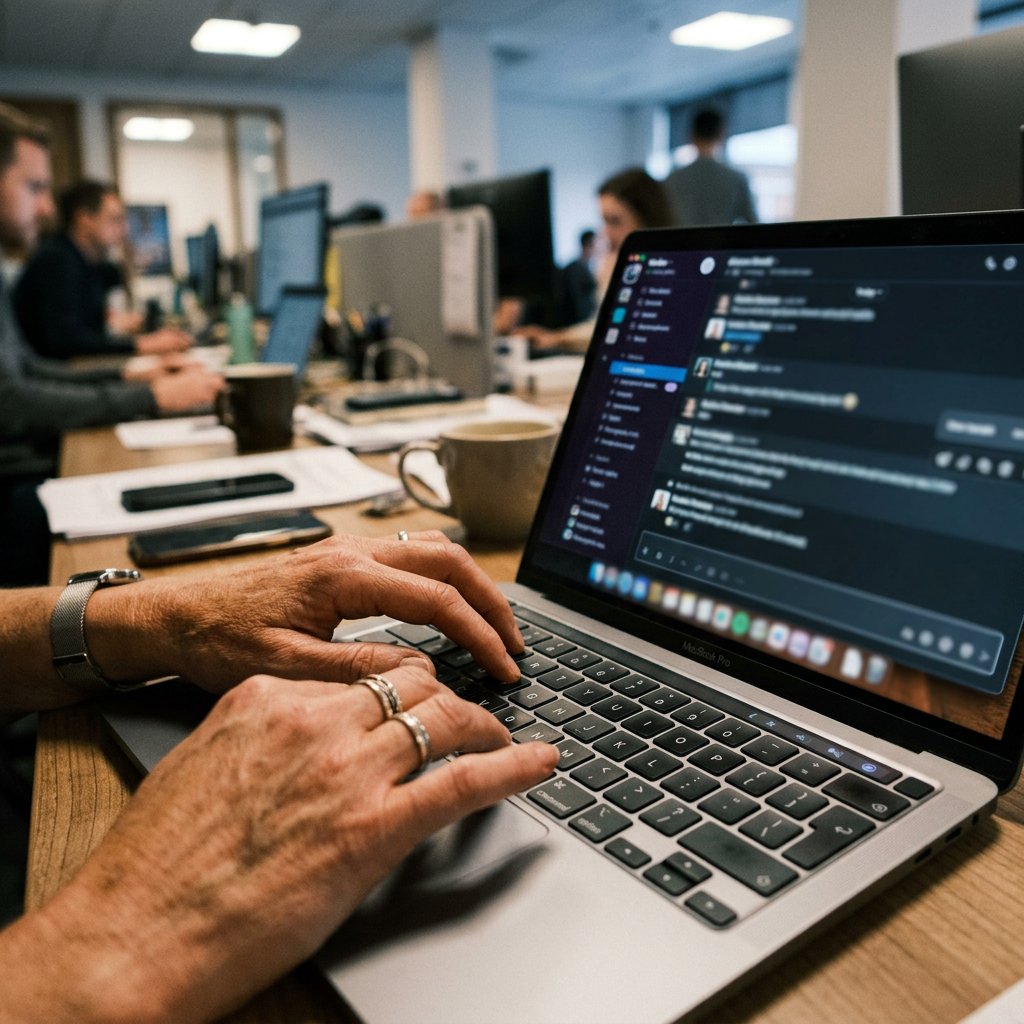 Manos escribiendo en un portátil con un chat de IA abierto